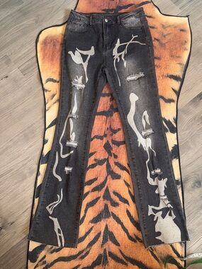 SHEIN Black Flare Jeans with Silver Paint-Splash Detail